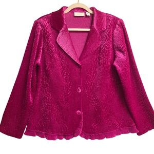 CHICO'S Large Fuschia Pink Cardigan Jacket Velvet Crinkle Ruffle Boho Feminine